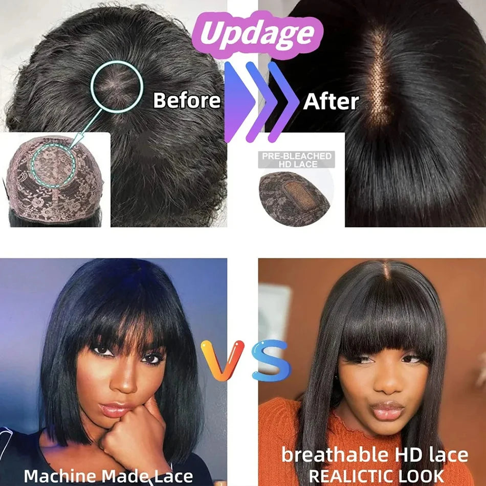 Wiggogo 3X1 Middle Part Lace Wig Bone Straight Human Hair Wig With Bangs Full Machine Made Straight Human Hair Wigs For Women