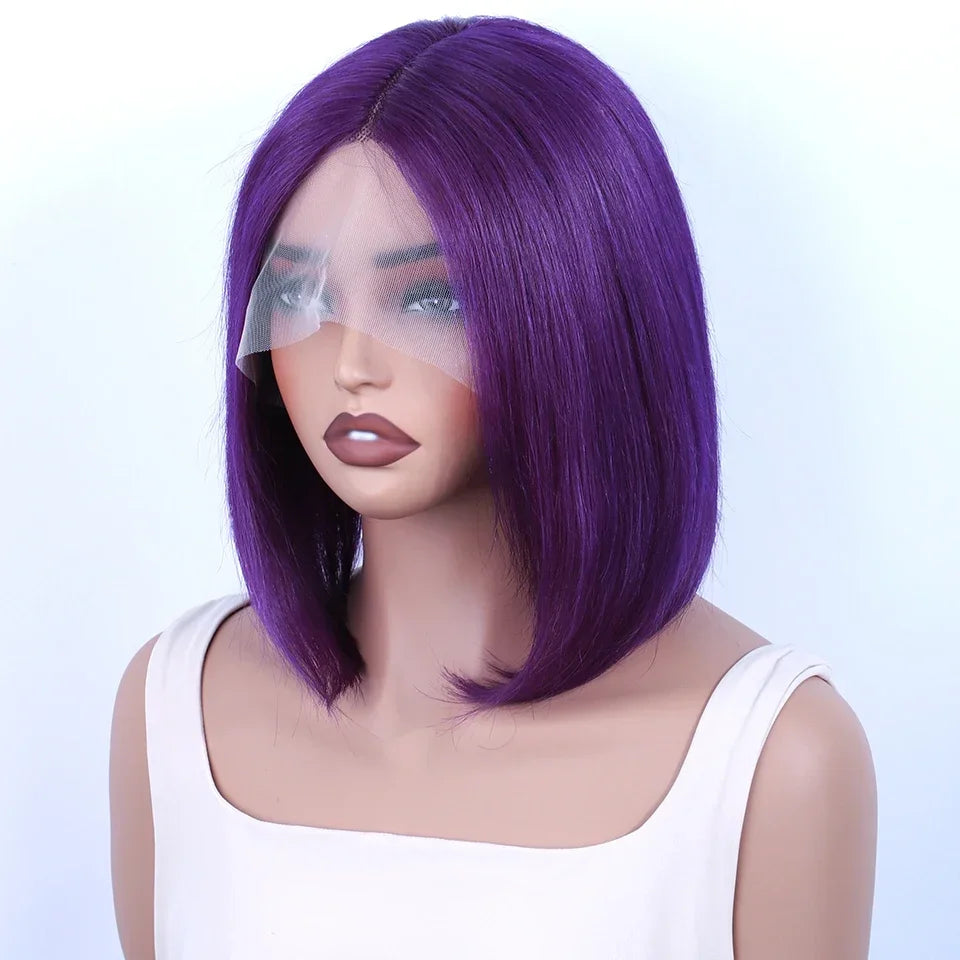 Brazilian Cosplay Purple Hair 13x5x1 T Part Transparent Lace Front Human Hair Wigs 180D Short Straight Lace Bob Wigs Human Wigs