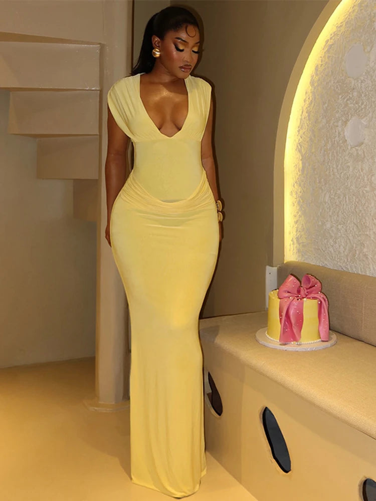 CHNMR Sexy Ruched Bodycon Maxi Dress Women Solid Sleeveless V-Neck Slim Long Dresses Female Party Evening Clubwaer Evening 2026