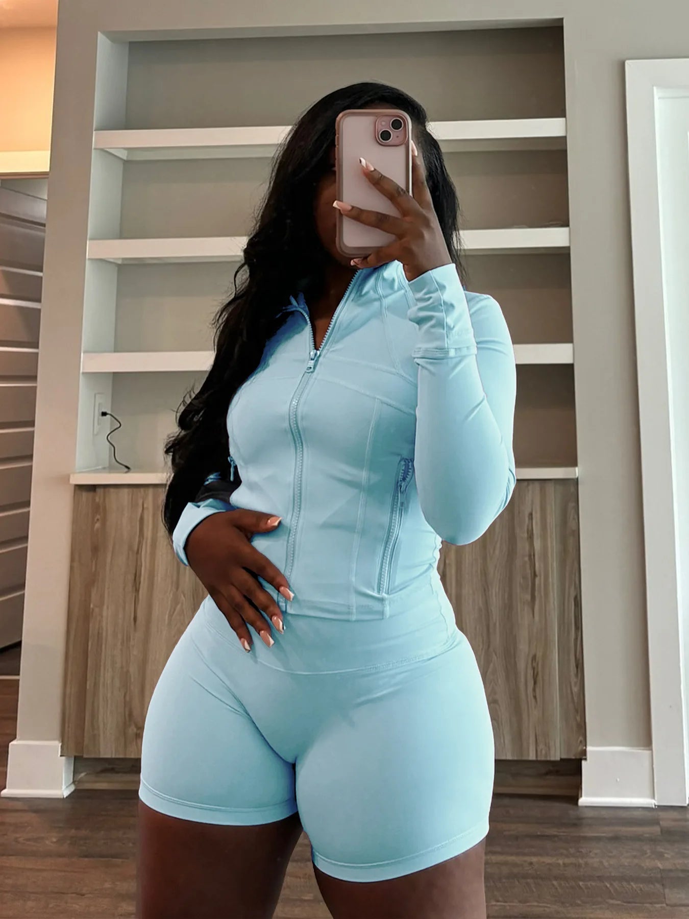 HLJ&GG Casual Sporty Skinny Shorts Two Piece Sets Women Zip Long Sleeve Slim Top + Shorts Outfits Summer New Stretchy Tracksuits