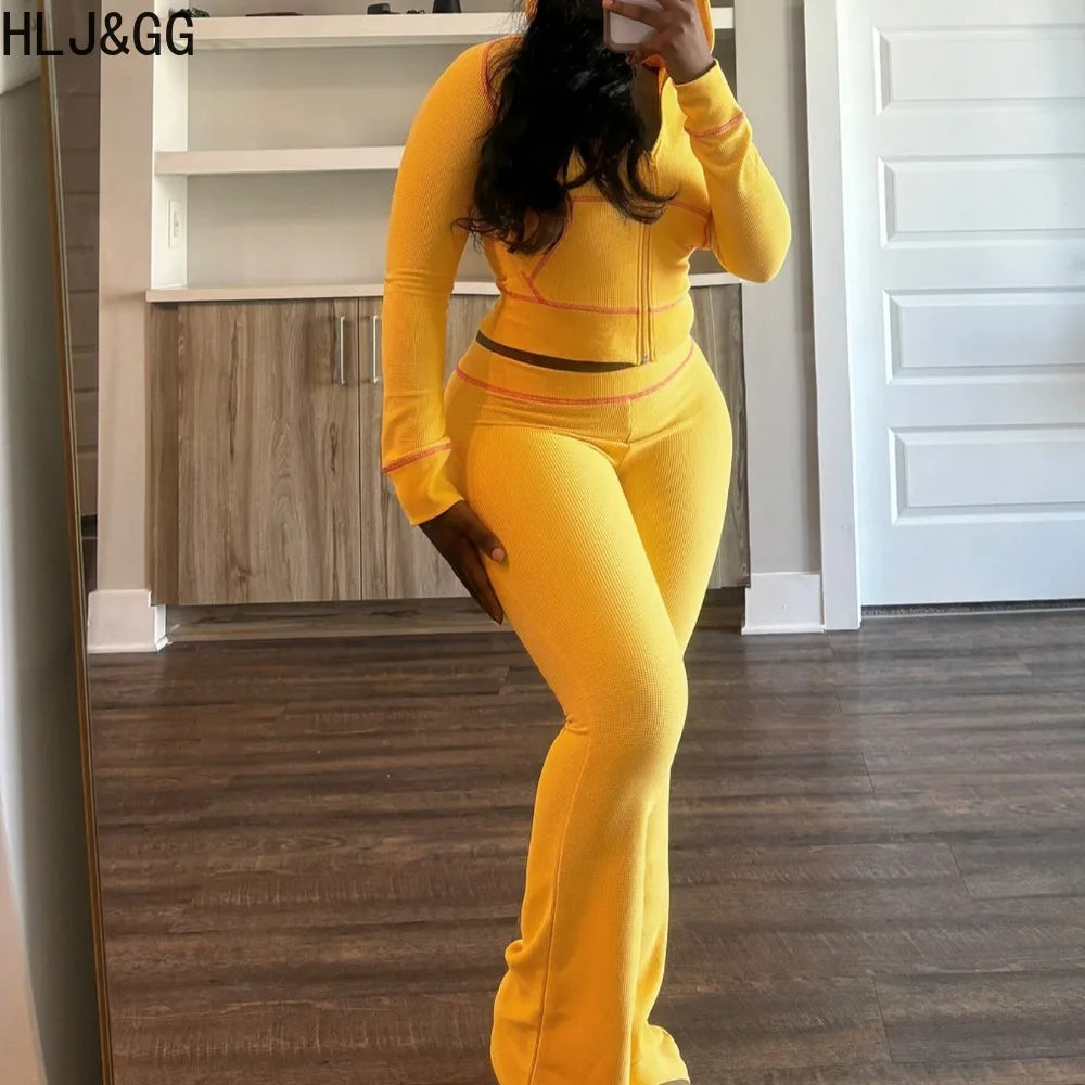 HLJ&GG Spring New Waffle Flare Pants Two Piece Sets Women Zip Hooded Long Sleeve Top + Pants Outfits Casual Sporty 2pcs Clothing