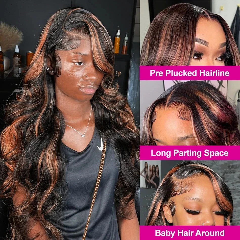 Upgraded 1B/30 Balayage Body Wave 13x4 Highlight Lace Front Human Hair Wig Vietnamese 30 Inch Omber Brown Colored Wig Human Hair