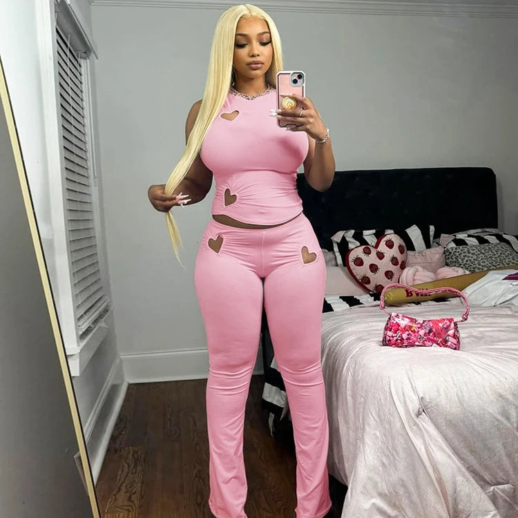 STYLISH LADY Cut Out Heart Fitness 2 Piece Set Women Sleeveless Crop Top and Skinny Pant Suits 2025 Summer Hot Girl Tracksuits