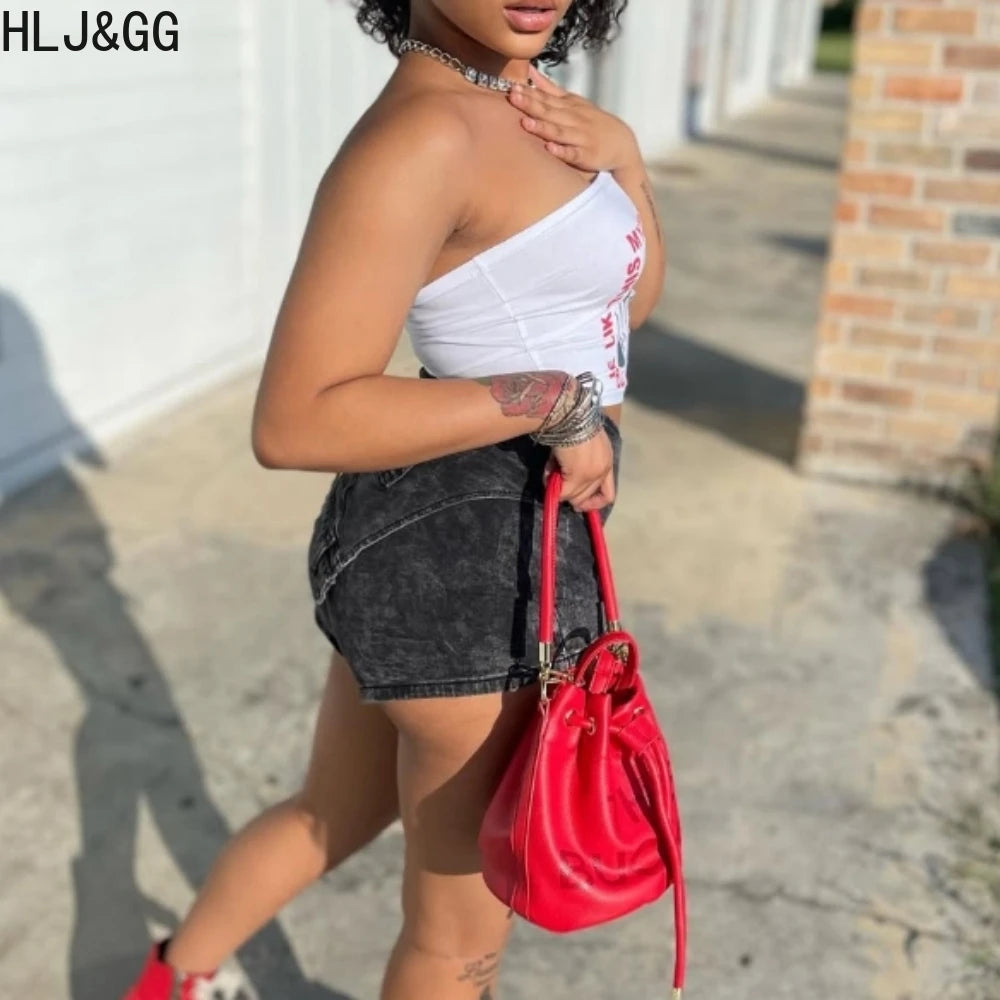 HLJ&GG Y2K Fashion Streetwear Sexy Hot Girl Printing Sleeveless Slim Vest And jeans Shorts Two Piece Sets Summer 2pcs Outfits