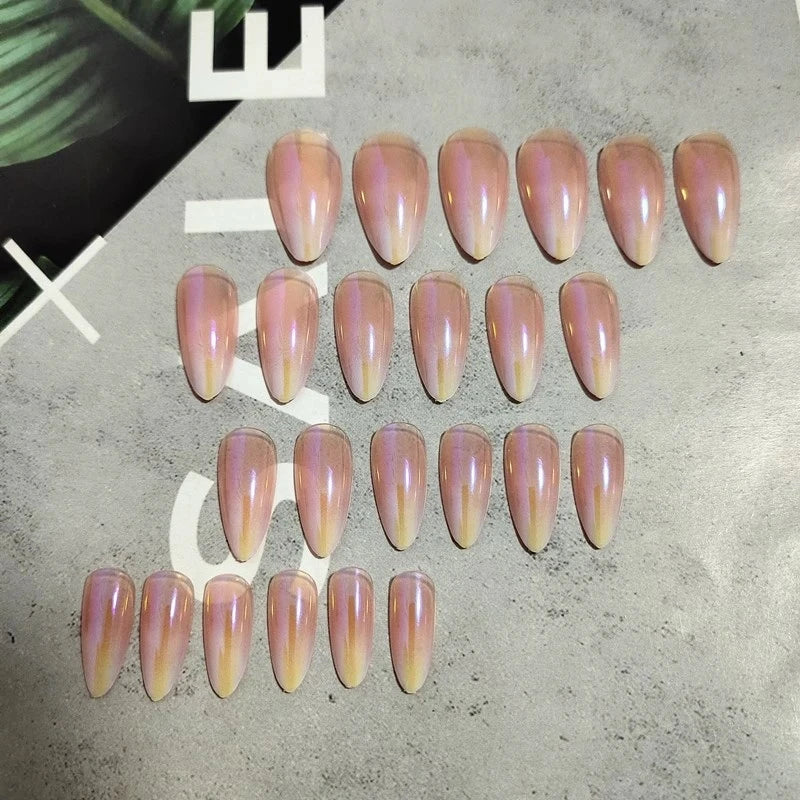 24pcs Aurora Stiletto False Nail Tips Glitter Gradient Color Fake Nails Wearable Full Cover Pointed Head Acrylic Nail Tips