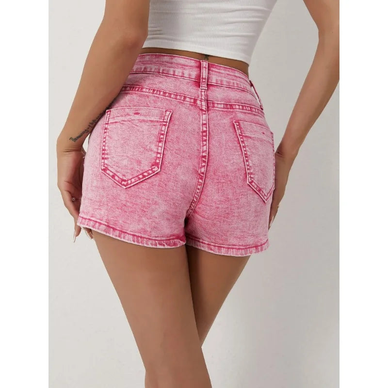 Ladies Shorts Casual Fashion Style High Waisted Pants with Asymmetrical Buttons 2025 New Pink Jeans