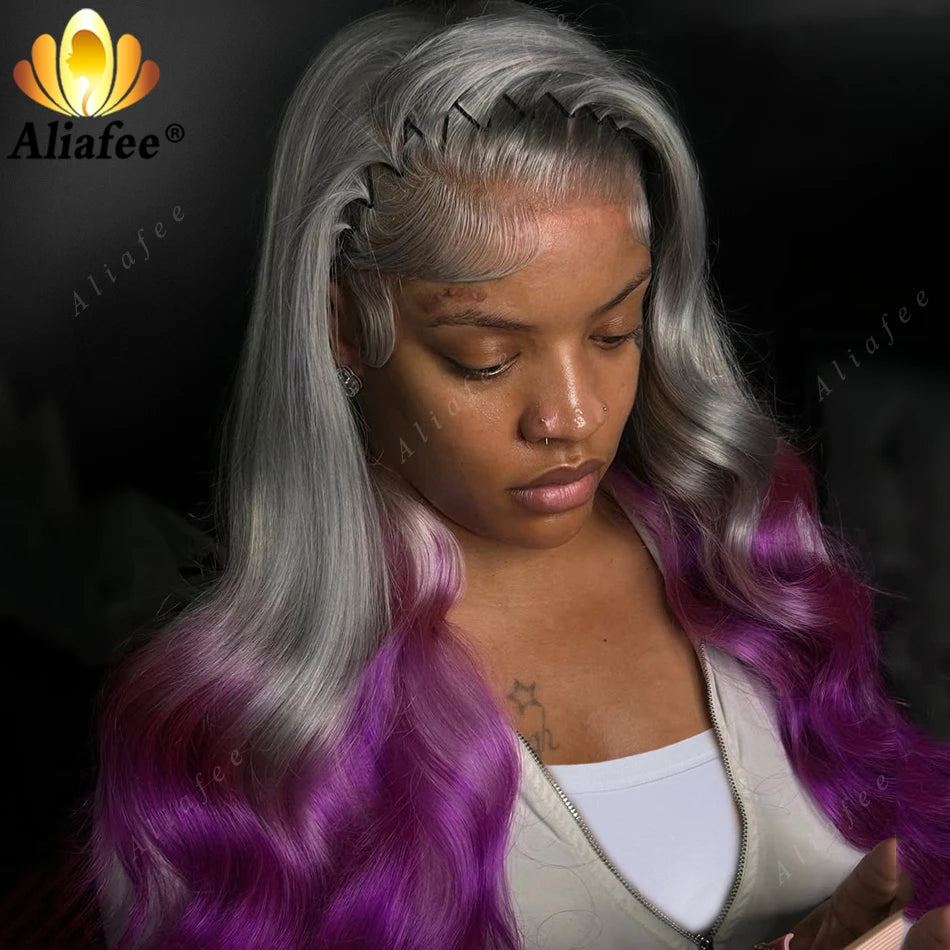 HD 13x6 Body Wave Gray Ombre Purple Color 30inches Pre Plucked Wigs for Women Summer Human Hair Wigs Ombre Gray 100% Remy Hair