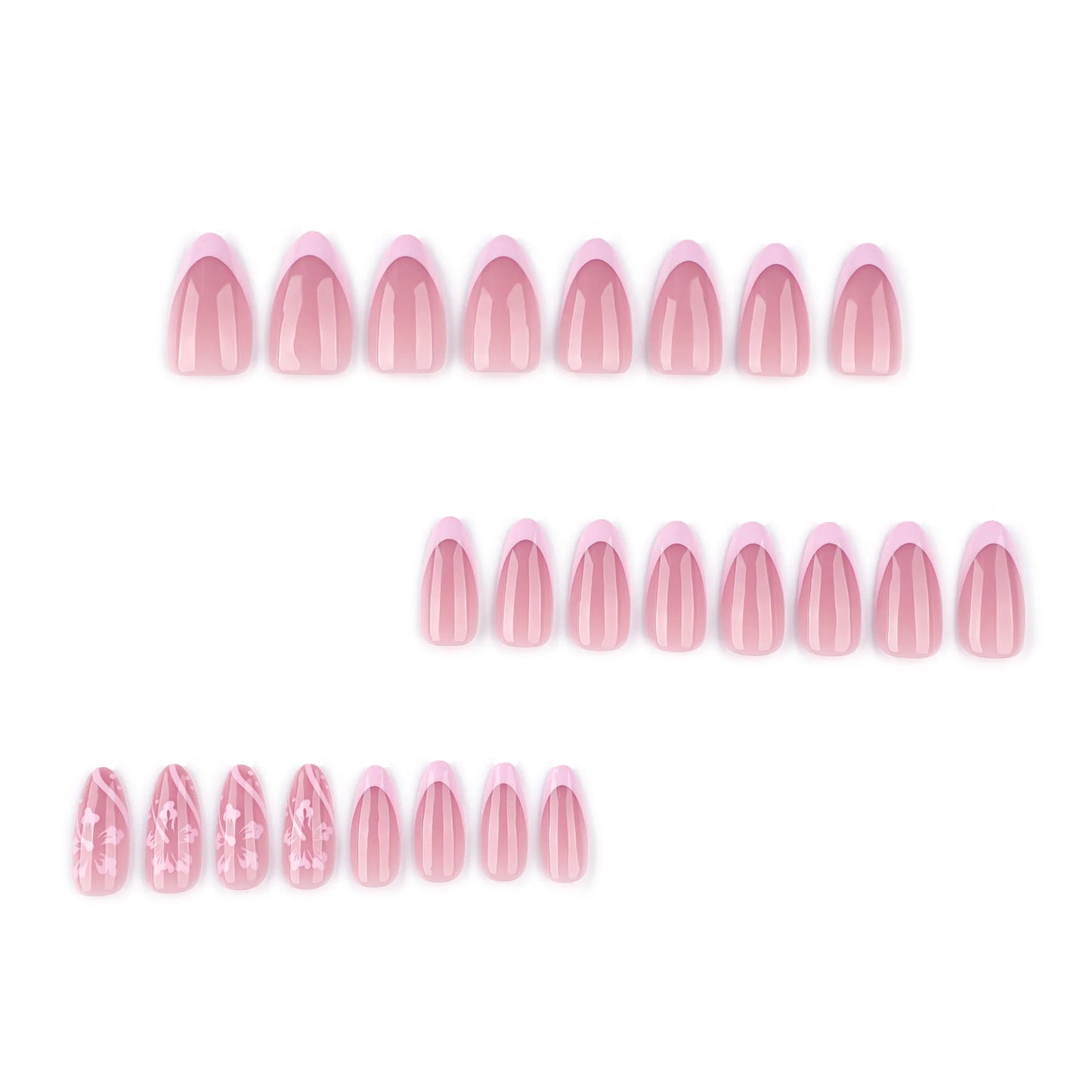 24pcs Petal Print Press on Nail Pink French Almond False Nails Wearable Detachable Ins Simple Fake Nails for Women Girls