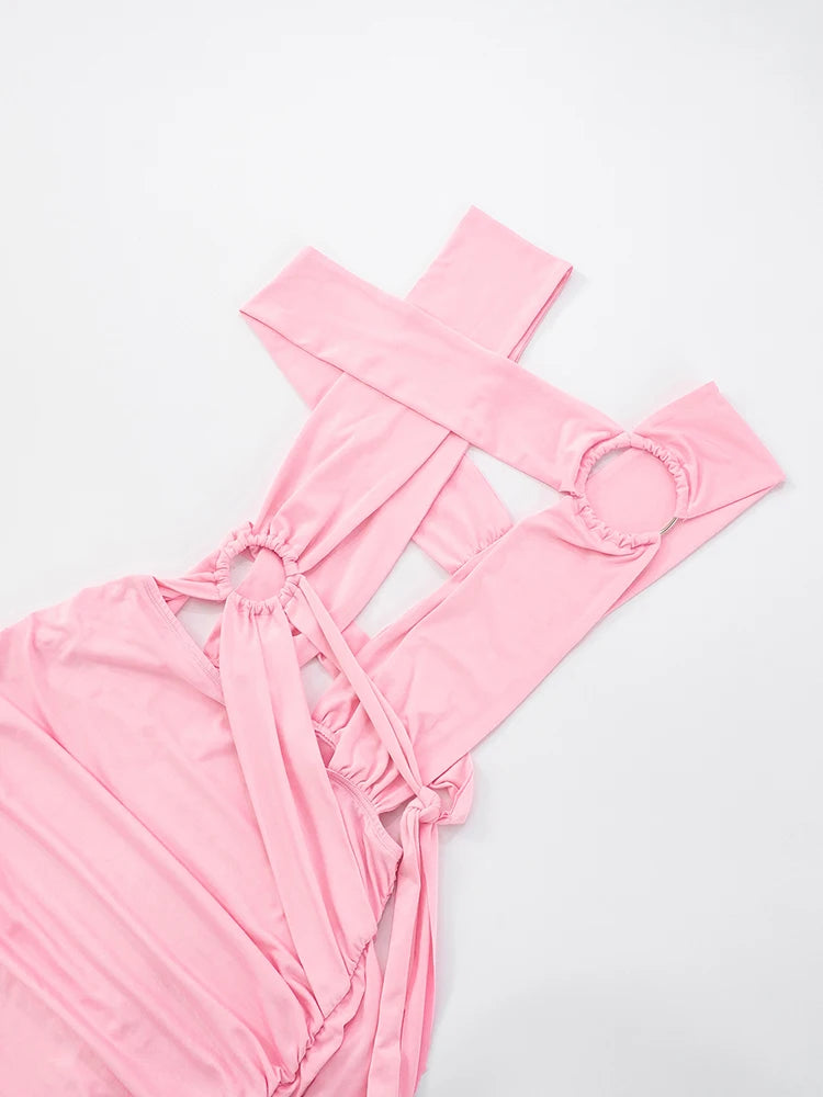 Weird Puss Metal Rings Patchwork Mini Dress Women Irregular Hollow Cross Bandage Midnight Sexy Skinny Peach Hip Street Outfits