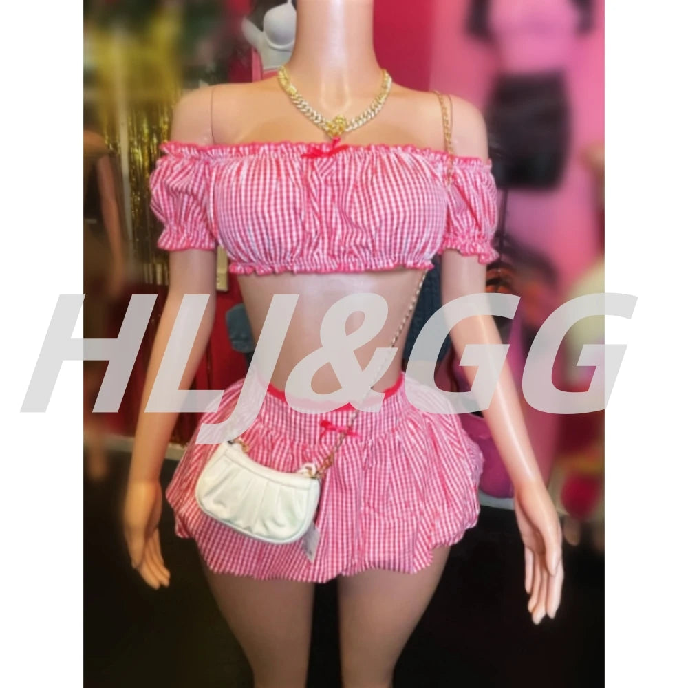 HLJ&GG Red Fashion Plaid Print Bow Two Piece Sets Women Off Shoulder Short Sleeve Crop Top+Mini Skirts Outfits Sweet Streetwear