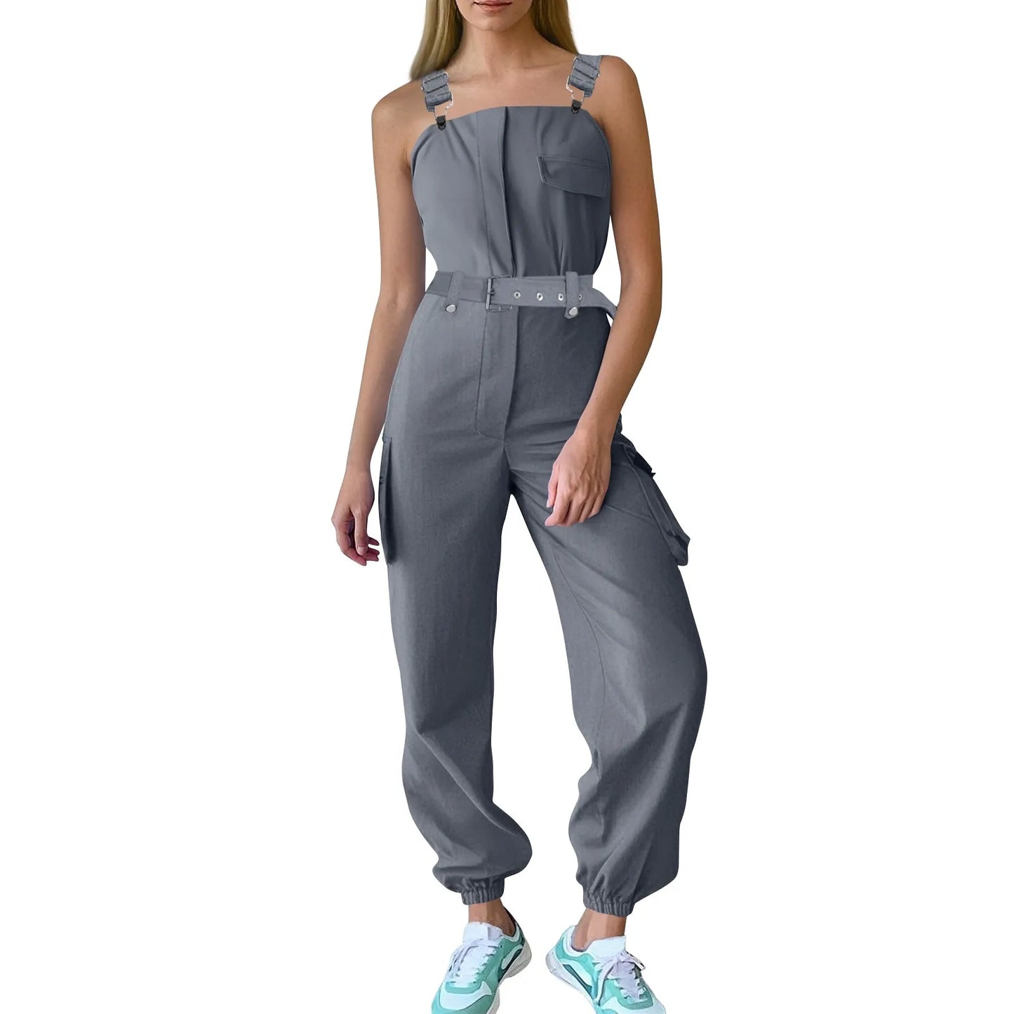 Lady's Fashion Clasp Pocket Cargo Romper Jumpsuits, Casual Jumpsuit Summer