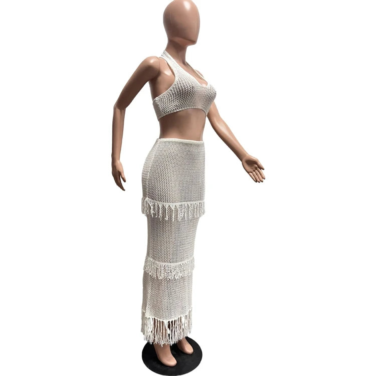 STYLISH LADY Tassel Crochet 2 Piece Set Women Halter Backless Crop Top and Maxi Skirts Suits 2025 Summer Sexy Beach Outfits