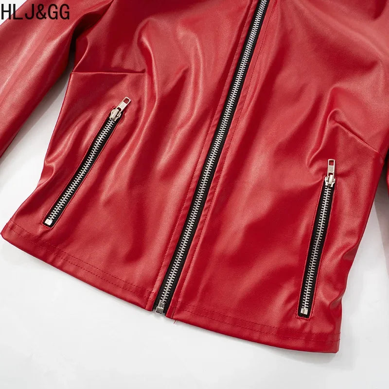 HLJ&GG Red Fashion Leather Puffy Mini Skirts Two Piece Sets Women Zip Long Sleeve Jacket And Skirts Outfit Y2K Female Streetwear