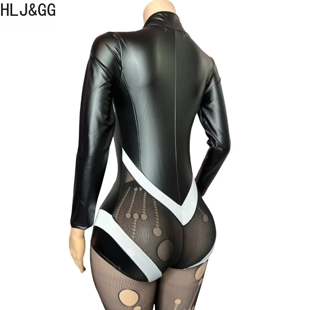 HLJ&GG Black Sexy Deep V Letter Print Bodysuits Women Zipper Long Sleeve Stretchy Bodycon Romper + Mesh Skinny Socks Outfits New
