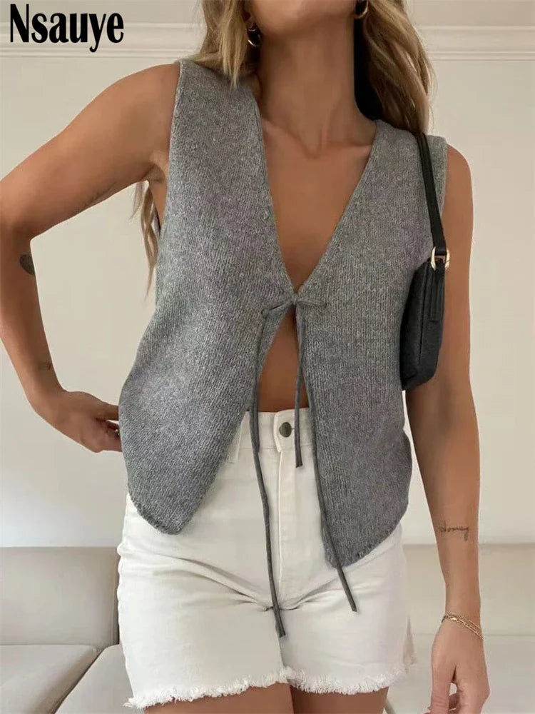 Nsauye 2024 Fashion Summer Y2K Crop Tops Women Knitted Sleeveless Cardigans Tops Outer Wear Sexy Club Lace Up Vest Tank Tops