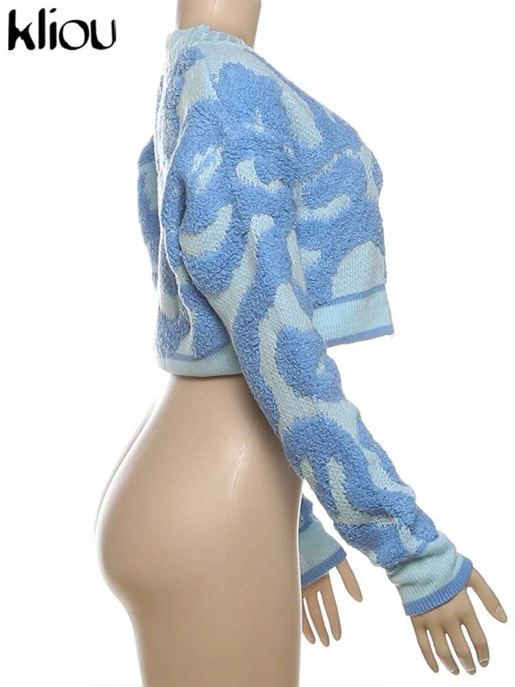 Kliou Knit Coats ladies Autumn New Full Sleeve Breasted Buttons V-neck Ruched Sweather Outwear Bare Midriff Street Tops