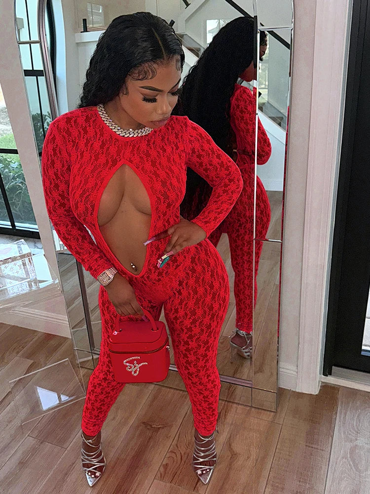 Weird Puss Coquette Women Jumpsuit Jacquard Midnight Sexy Hollow Backless Full Sleeve Overalls Club Workout Activity Clubwear