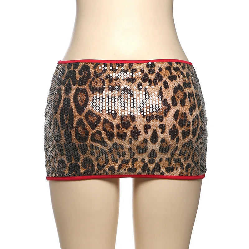 HLJ&GG Fashion Y2K Sequin Leopard Mini Skirts Two Piece Sets Women O Neck Short Sleeve Slim Croptop And Skirts Outfit Streetwear