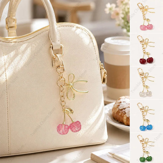 Classic Red Cherry Bow Pendant Keychain for Women Bag Decoration Car Key Chain Fashion Key Rings Party Gift Keychain Accessories