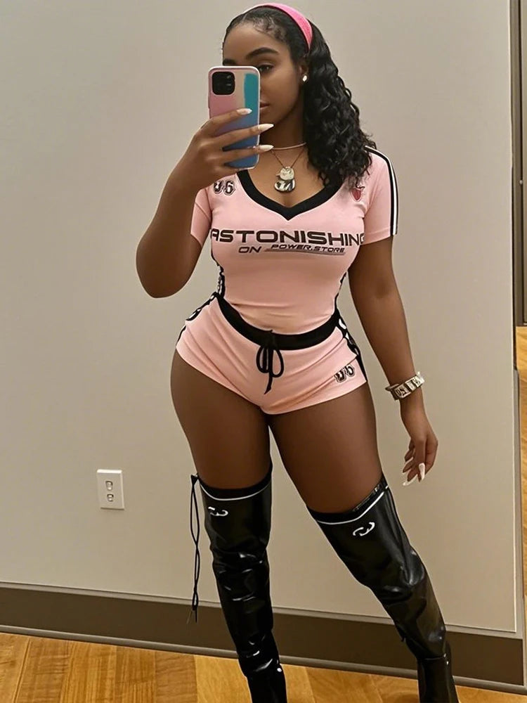 Sisterlinda Casual Summer 2 Piece Set Letter Print Crew Neck Short Sleeve T-shirts+Drawstring Slim Mini Bottoms, lady's Tracksuit