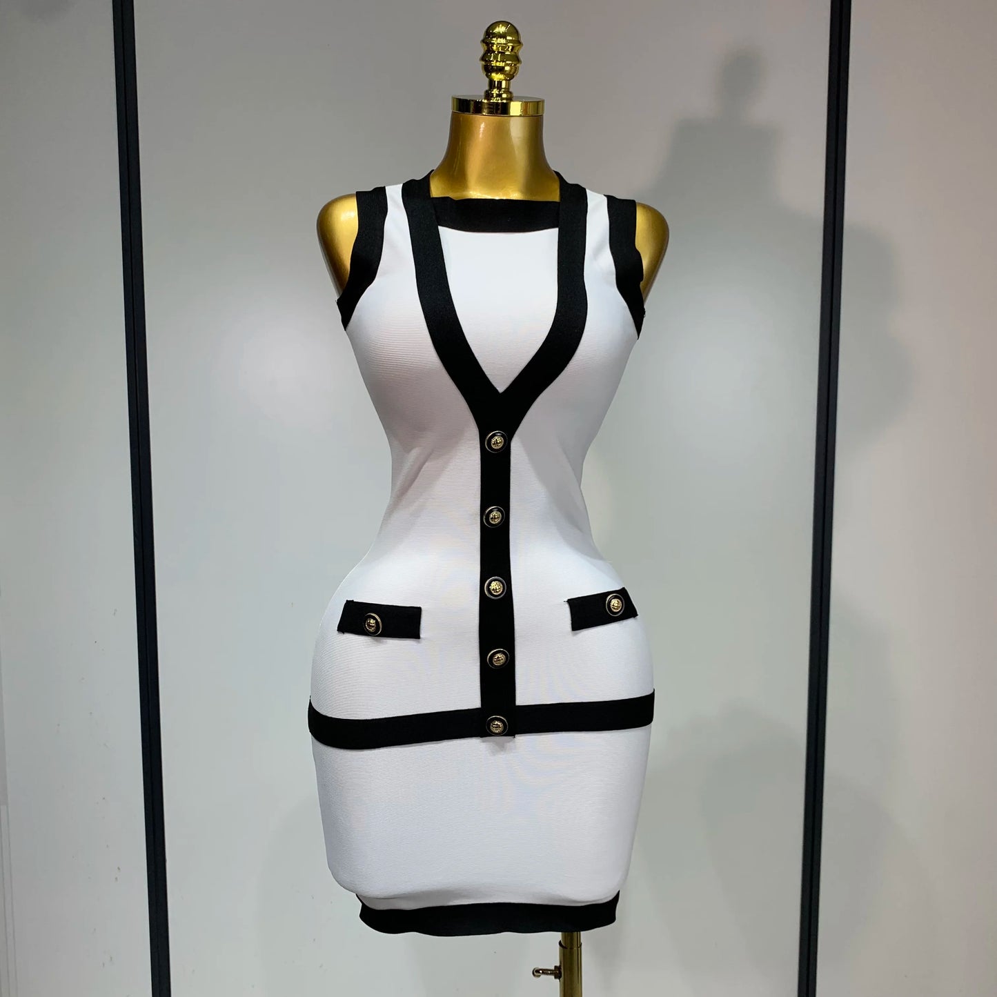 Women Sexy Backless Black White Button Mini Bandage Short Dress Celebrity Elegant Evening Party Holiday Club Dress