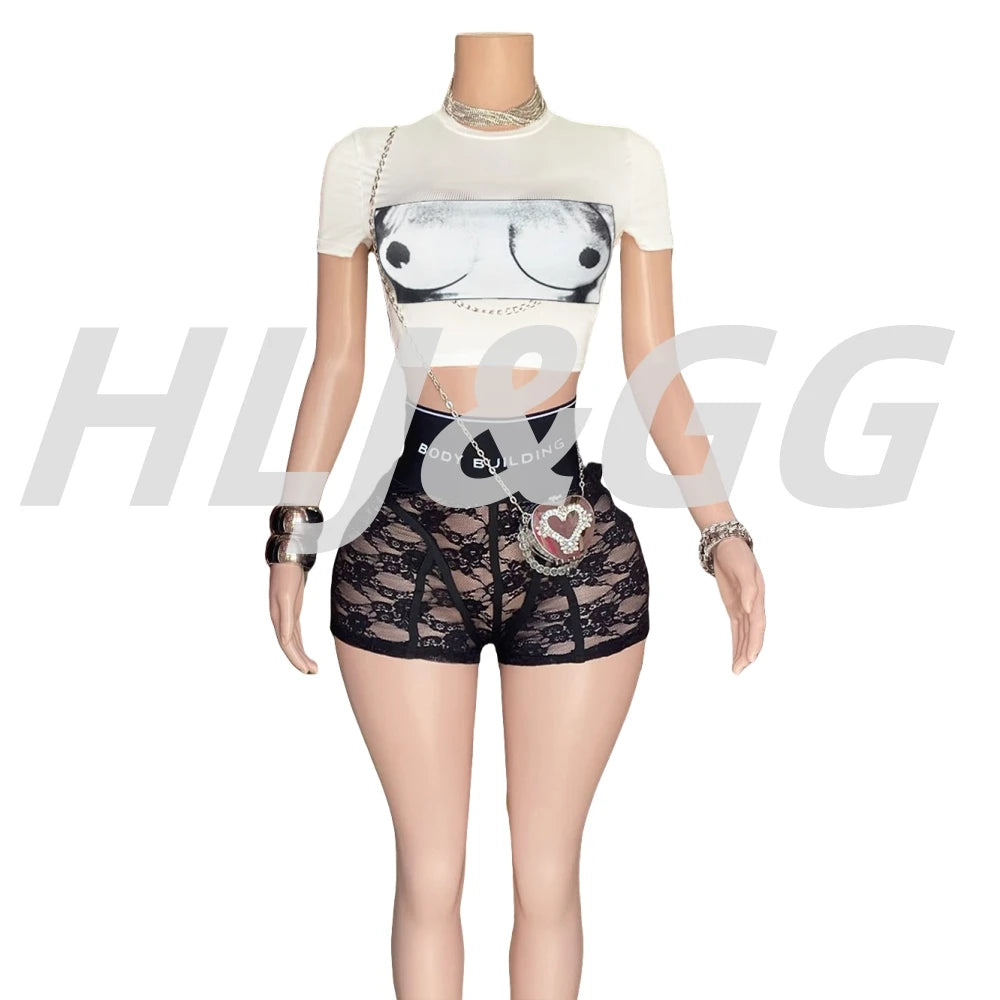 HLJ&GG Trendy Summer New Letter Printing Lace See Though Shorts Two Piece Sets Women Round Neck Slim Crop Top And Shorts Outfits