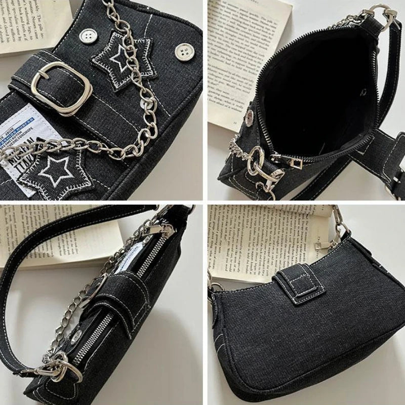 Fashion Vintage Y2k Ladies Shoulder Bags Sweet Cool Star Chain, Underarm Bag Black Goth jeans Tote Handbag Purse
