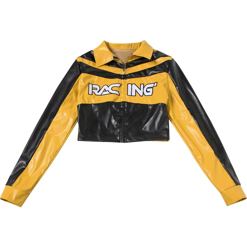 HLJ&GG Trendy Women's Outfits Women Leather Punk Letter Embroidery Crop Jacket And Button Shorts Two Piece Sets Y2K Streetwear