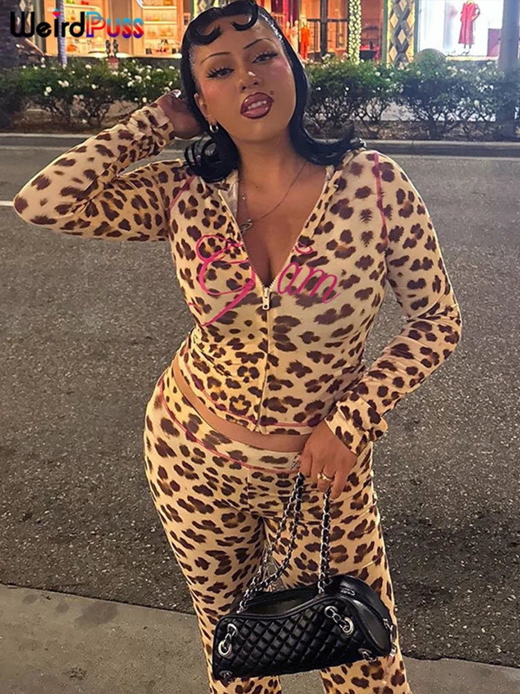Weird Puss Leopard Contrast Letter Print 2 Piece Set Women Hooded Full Sleeve Crop Jacket+Skinny Stretch Flare Pants Trend Suits
