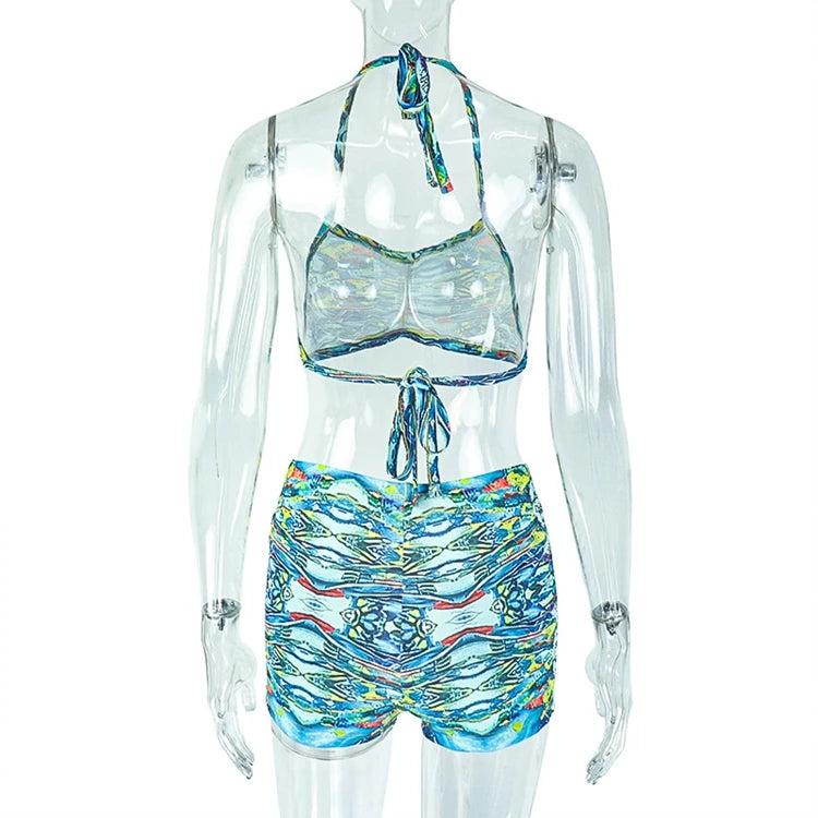 STYLISH LADY Holiday Beach Printed 2 Piece Set Women Halter Backless Crop Top and Shorts Suits 2025 Summer Sexy Club Outfits