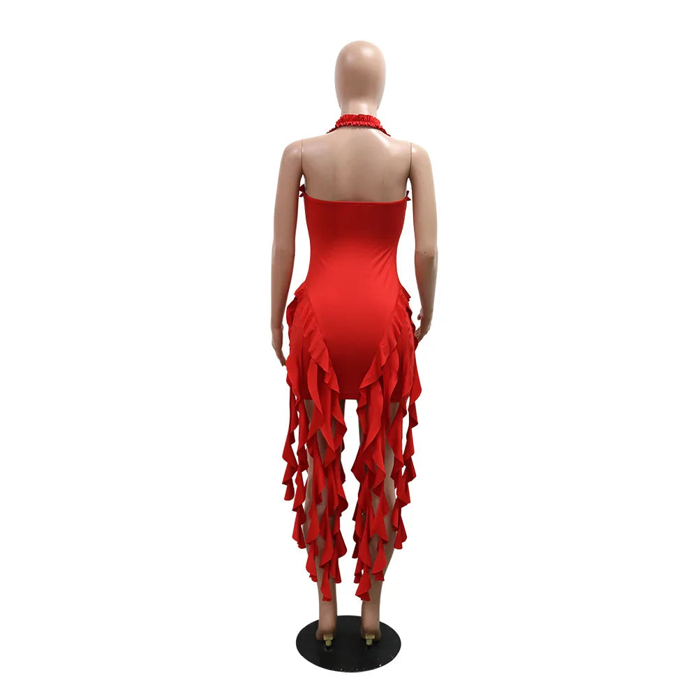 Weird Puss Sexy Halterneck Dress Women Chic Irregular Tassel Hem Backless Midnight Skinny Stretch Birthday Party Club Bodycon