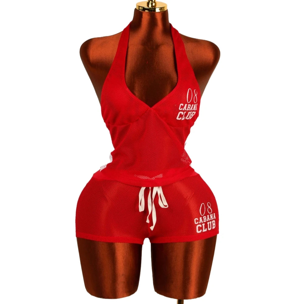 HLJ&GG Red Fashion Mesh Letter Print Two Piece Sets Women Halter Slim Crop Top+Drawstring Shorts Outfits Y2K Summer Streetwear