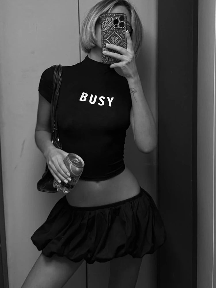 Weird Puss Casual 2 Piece Set Women Letter Print Shorts Sleeve Crop Tops+Puffy Skirt Simple Basic Matching Streetwear Outfits