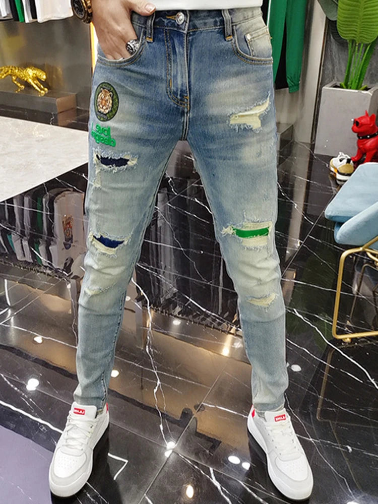 2025 Spring New Ripped Hole Denim Man's Pants Washing Light Blue Hip Hop Slim Fit Men's Trousers High Street Blue beggar Jeans