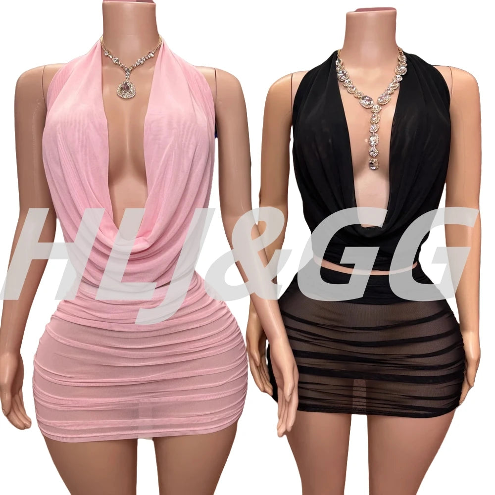 HLJ&GG Sexy Ruched Halter Deep V Mini Skirts Two Piece Sets Women Sleeveless Backless Lace Up Crop Top+Skirts Outfits Streetwear