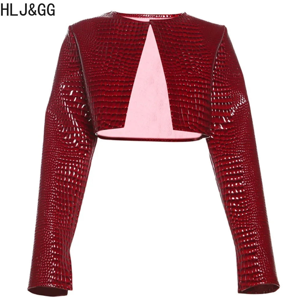 HLJ&GG Fashion Y2K Hot Girl Streetwear Women Leather Long Sleeve Crop Jacket+Bodysuits+Button Shorts 3 Piece Sets Outfits 2025