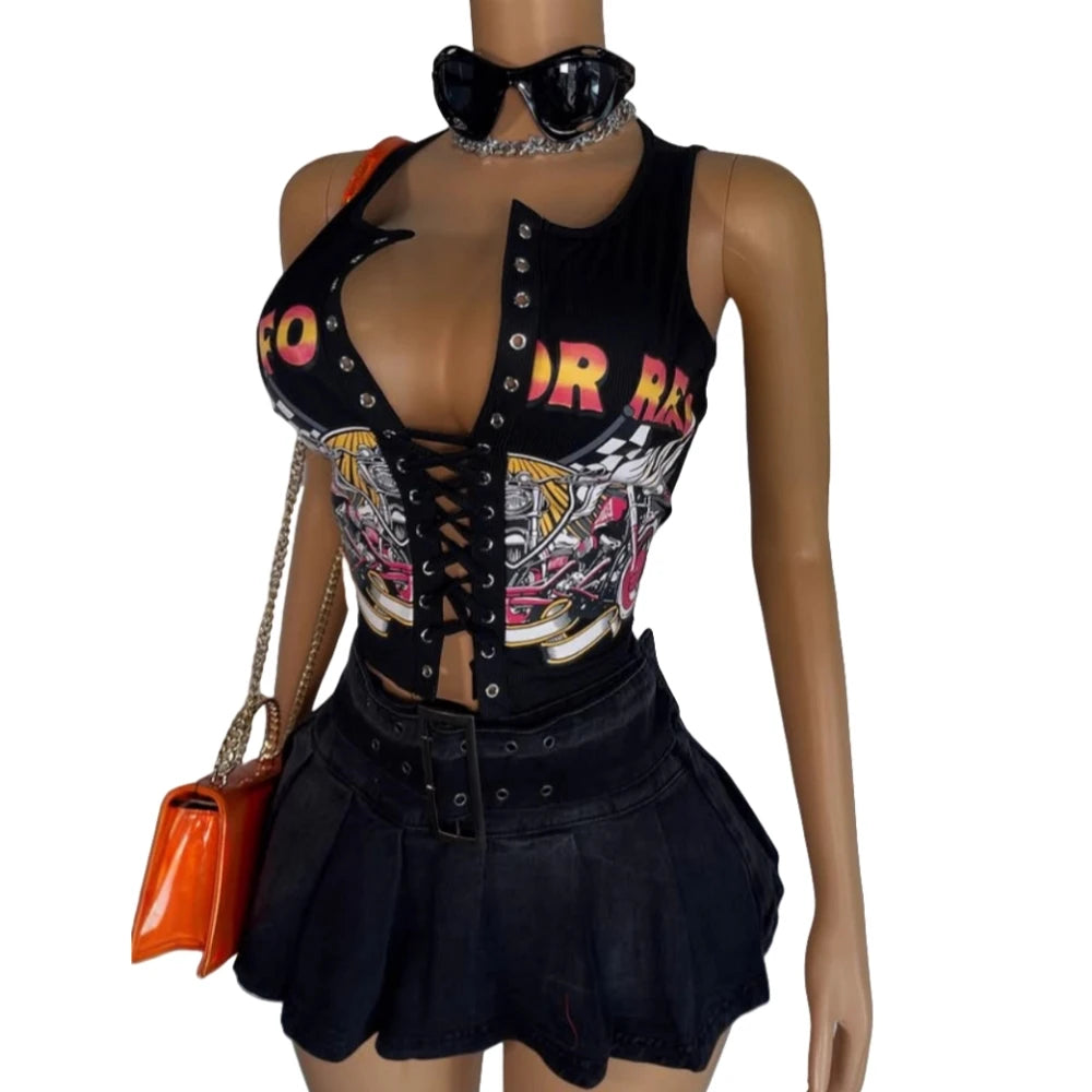 HLJ&GG Black Sexy Hot Girl Hollow Bandage Two Piece Sets Women Deep V Sleeveless Tank Top+Pleated Mini Skirts Outfits Streetwear