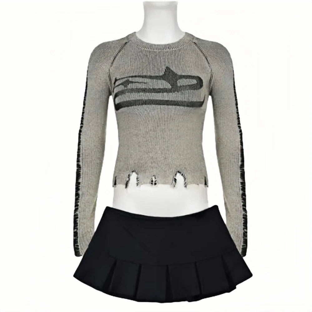 HLJ&GG American Vintage Style Women Knitting Print Long Sleeve Slim Top And Mini Pleated Skirts Outfits Fashion Y2K 2pcs Clothes