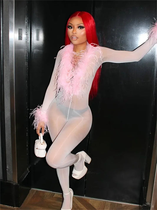 Weird Puss Feather Jumpsuit Women Sexy Coquette Thin Tight Full Sleeve Summer Hipster Luxury Midnight Clubwear Skinny Overalls