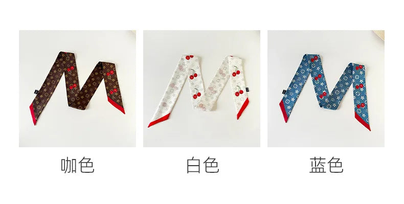 Vintage New Silk Scarf Hair Strap Women's Cherry Printed Mulberry Silk Scarf Long Strip Silk Scarf Float Accessories Scarf