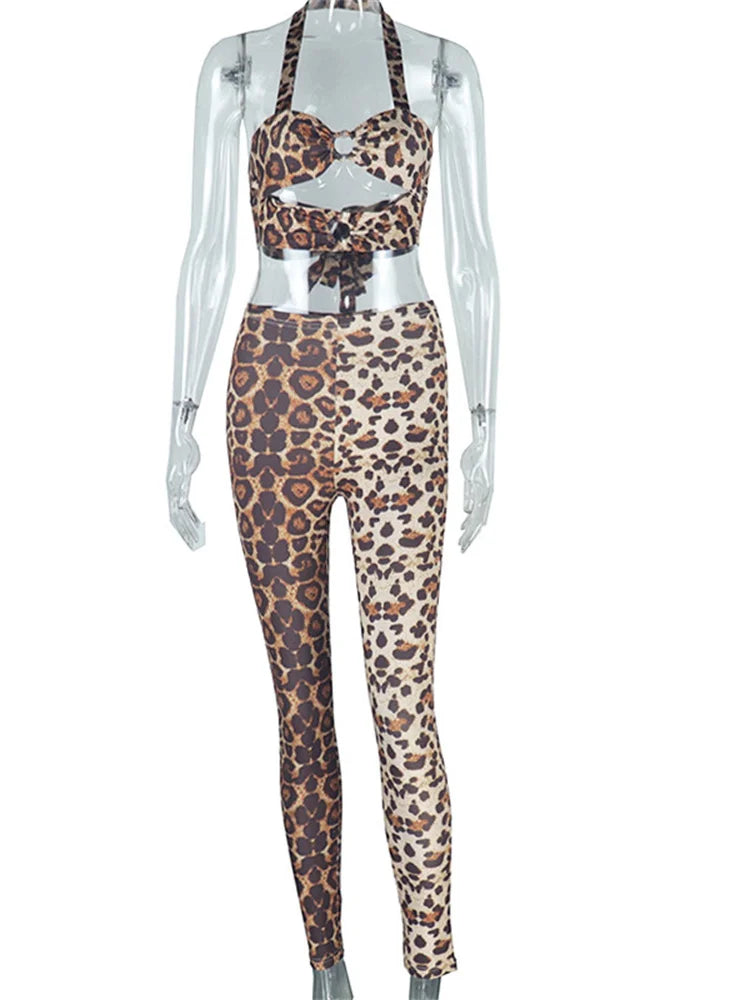Weird Puss Leopard Print 2 Piece Set Women Halter Bandage Backless Crop Tops+Skinny Peach Hip Pants Wild Trend Streetwear Suits