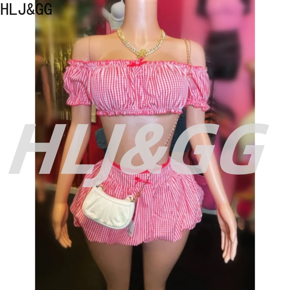 HLJ&GG Red Fashion Plaid Print Bow Two Piece Sets Women Off Shoulder Short Sleeve Crop Top+Mini Skirts Outfits Sweet Streetwear