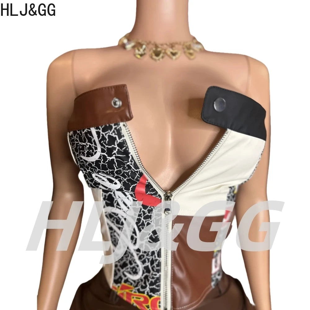 HLJ&GG Brown Y2K Fashion Leather Cargo Shorts Two Piece Sets Women Off Shoulder Zip Slim Crop Top And Shorts Outfits Streetwear