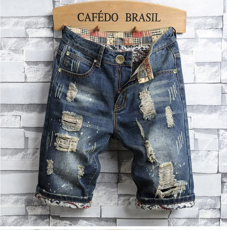 Brand Clothing New Summer Ripped Hole Denim Shorts Men Cotton Thin Straight Retro Biker Knee Length Short, Male Streetwear