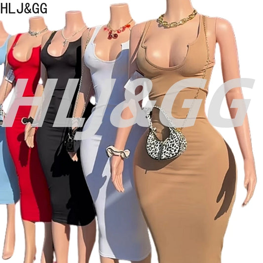 HLJ&GG Summer New Deep V Bodycon Long Dresses Women Sleeveless Backless Slim Vestidos Sexy Female Solid Color Streetwear Robe
