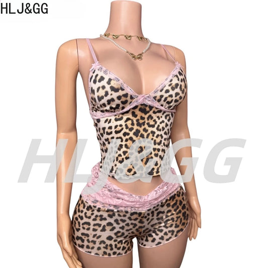 HLJ&GG Fashion Leopard Lace Stitching Two Piece Sets Women V Neck Spaghetti Strap Slim Crop Top + Shorts Outfits Sexy Streetwear