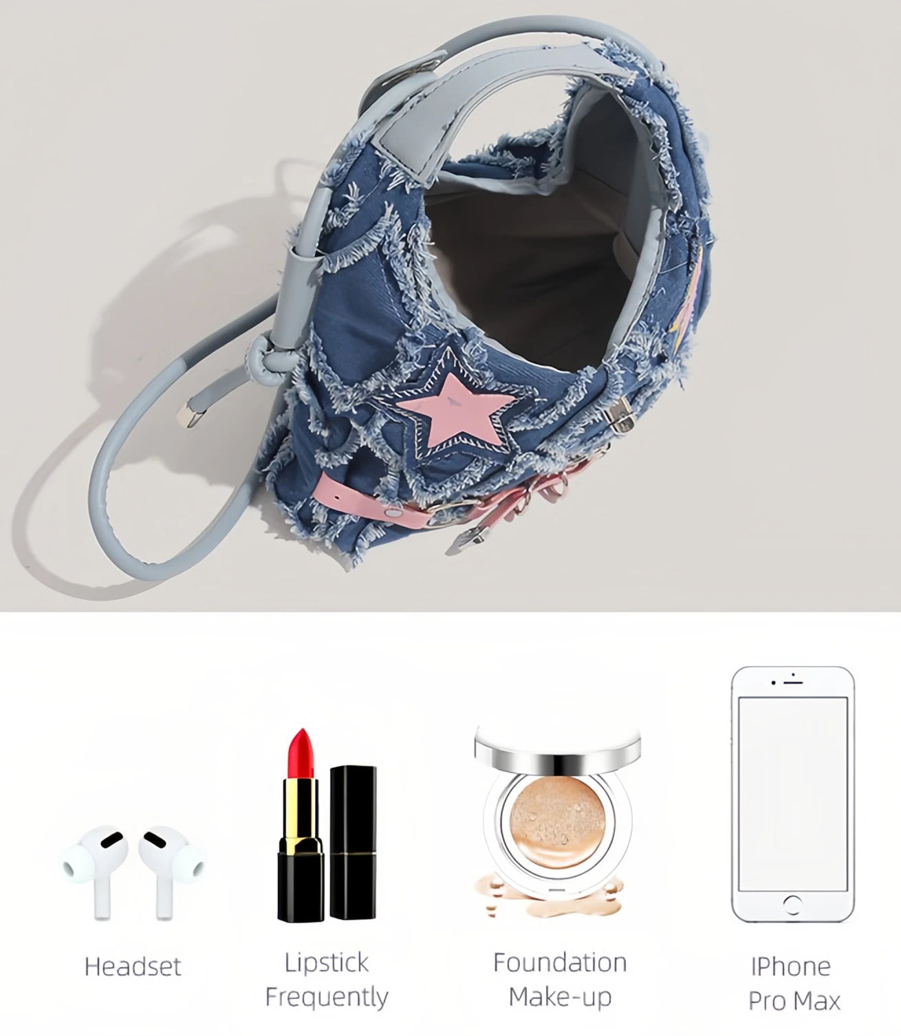 y2k Hot Girl style pink five-pointed star applied-designed fringed jeans crossbody bag A-DH