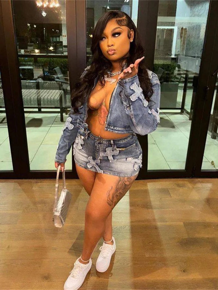 Weird Puss Vintage Women 2piece Set Half High Collar Zip Jacket+High Waist Mini Skirt Hipster Streetwear jeans Embroidery Suits