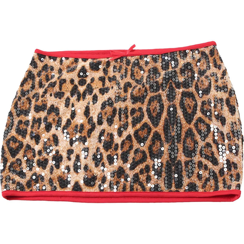 HLJ&GG Fashion Y2K Sequin Leopard Mini Skirts Two Piece Sets Women O Neck Short Sleeve Slim Croptop And Skirts Outfit Streetwear