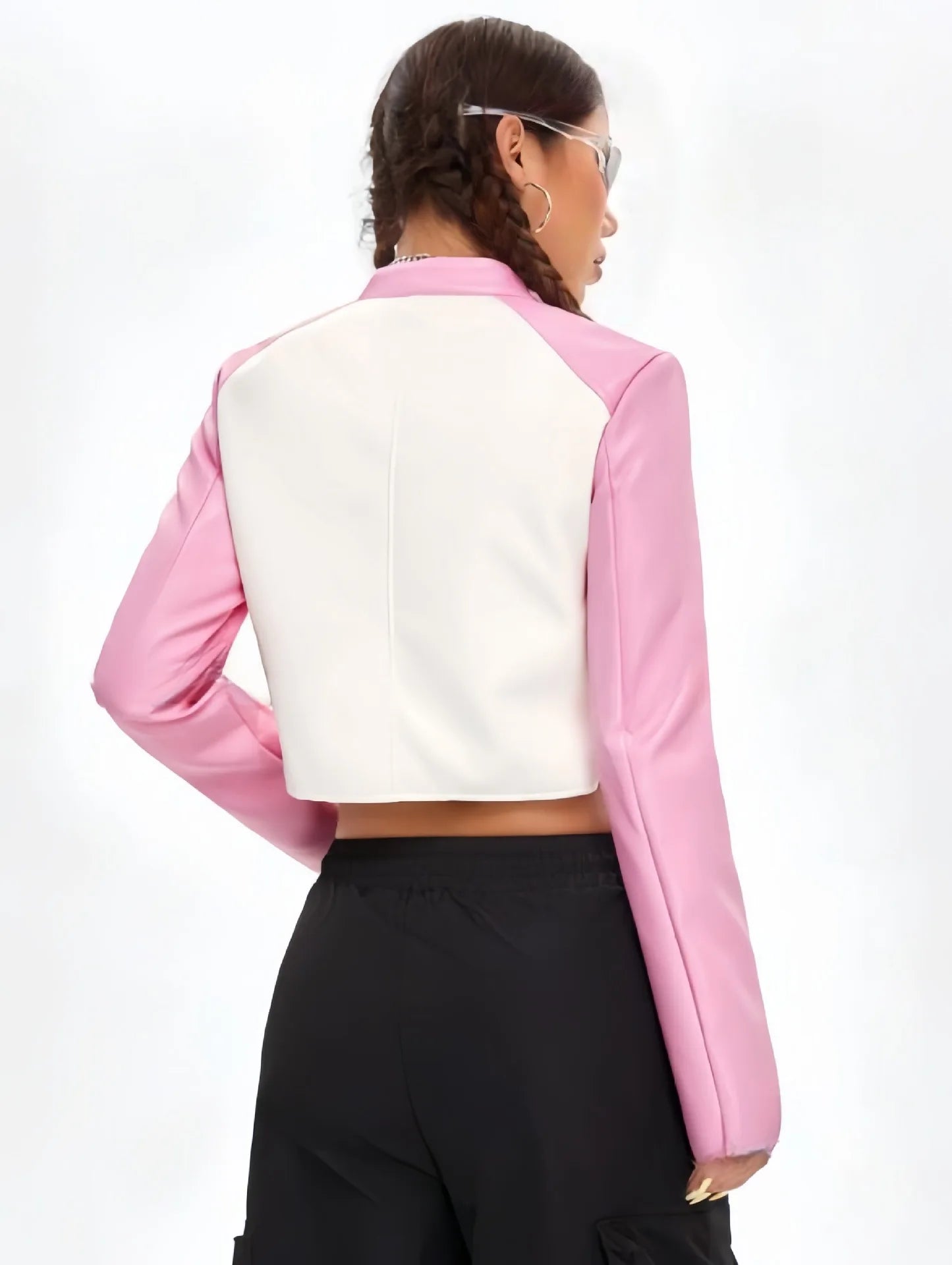 HLJ&GG Pink Letter Print Leather Jacket 3 Piece Sets Women Vest+Long Sleeve Crop Top+Shorts Outfits Fashion Cool Girl Streetwear